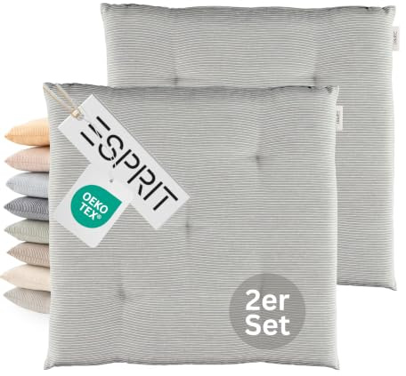 Esprit 2er Set Sitzkissen Stuhl 40x40cm Grau - Bequeme Stuhlkissen für Esszimmer & Küche - waschbar bis 30°C - Öko-Tex - Sitzauflage für Gartenmöbel, Sitzpolster, Bank, Bürostuhl & Boden
