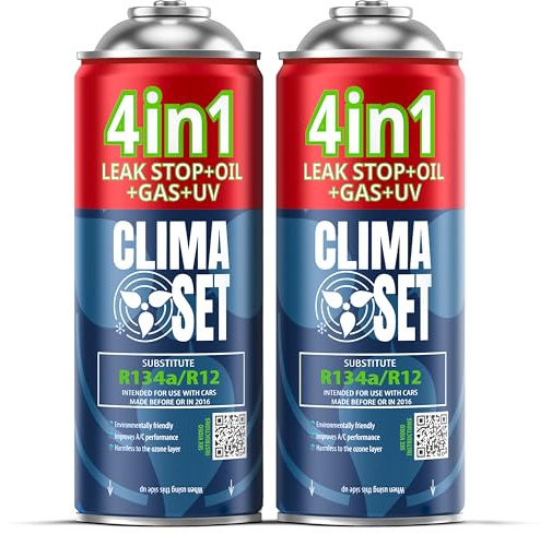 CLIMASET - 2 X 4 en 1 Recharge de Gaz pour Climatisation R134a, Huile, Produit Anti-Fuites avec Colorant UV - Kit de Recharge de Gaz pour Climatisation et de Détection de Fuites