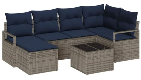 vidaXL Sofa Set mit Kissen 7 pcs Grau Poly Rattan, Garten & Terrasse, Modulares Outdoor-Sofa Set, Leicht, UV-beständig, Stilvolle Liege für Patio, Geflochtenes Design