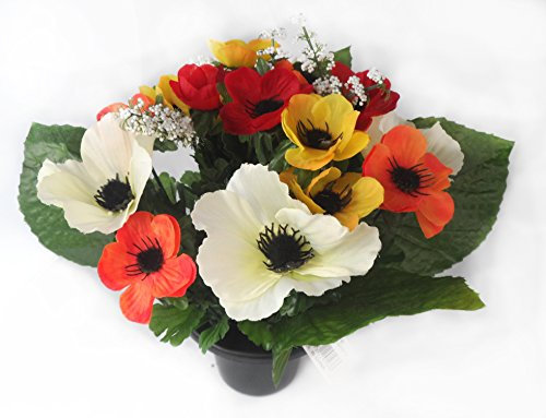 Homestreet Arrangement de fleurs artificielles, anémones dans un pot, un pot de pierre tombale ou un panier suspendu pour plusieurs têtes de bouquet (Redorange)