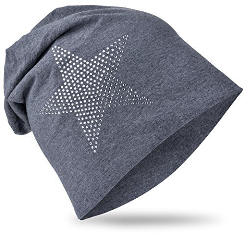 Miobo Kinder Slouch Beanie Mütze,Baumwolle,Strass Stern Anthrazit 59