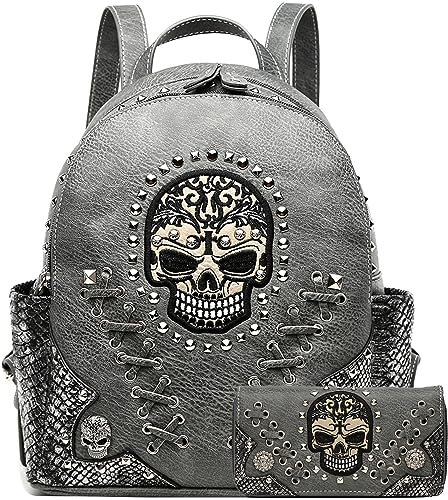 Cowgirl Trendy Sugar Skull Punk Art Niet Stud Biker Geldbörse Frauen Mode Rucksack Python Daypack Umhängetasche Brieftasche Set, Graues Set, Large, Punk Stil Damen Mode Rucksack mit Geldbörse Set