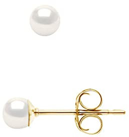 PEARLS & COLORS® - Boucles d'Oreilles Véritables Perles de Culture d'Eau Douce Boutons - Blanc Naturel - Qualité AAA+ - Or Jaune - Système Poussette Haute Qualité - Bijou Femme