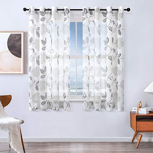 MRTREES Voile Gardinen Vorhang halbtransparent kurz Gardine Blumen Vorhänge Muster mit Ösen in Leinenoptik Grau 145×140 (H×B) Schlaufenschal 2er Set für Wohnzimmer Schlafzimmer Kinderzimmer