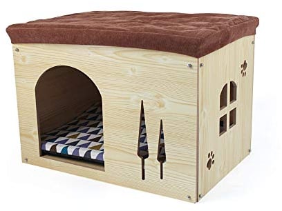Casa de Madera pour Perro Gato - Taburete Caseta para Mascota con Cojín Extraíble para Cachorro y Gato, 57×40×40cm