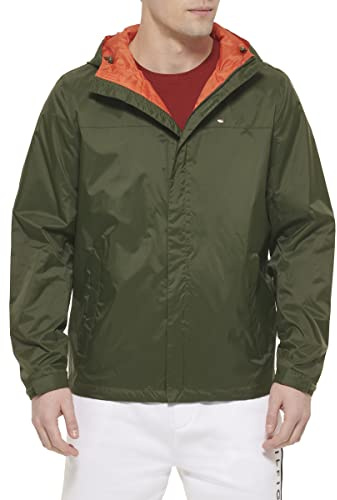 Tommy Hilfiger Men's Lightweight Breathable Waterproof Hooded Rain Jacket Raincoat, Olive, XL