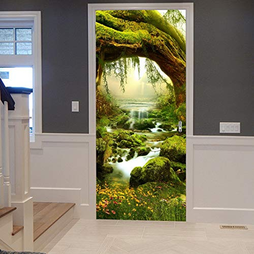 A.Monamour Sticker Porte Autocollant Poster de Porte 3D Mystérieux Arbres De La Jungle Verte Ruisseaux Forêt Tropicale Paysage Vinyle Affiche de Porte Sticker Mural Papier Peint Art Décor 83 x 204 cm