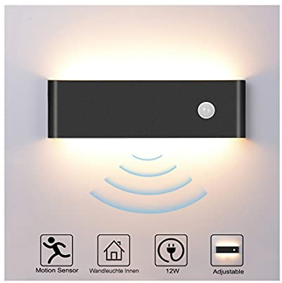 INHDBOX Wandleuchte Innen, Wandleuchte Bewegungsmelder Innen 12W Warmweiß, LED Wandlampe Innen Up and Down Aluminium Innenleuchte Wandbeleuchtung für Wohnzimmer Schlafzimmer Flur Treppe, Schwarz…