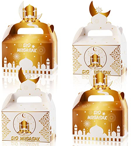 DPKOW 12 Stück Eid Mubarak Geschenkboxen, Weißes Gold DIY Boxen für Ramadan Eid Gastgeschenke Partytüte, Süßigkeiten Leckereien Keks Boxen für Muslimische Eid al-Fitr Schachteln Geschenkkartons