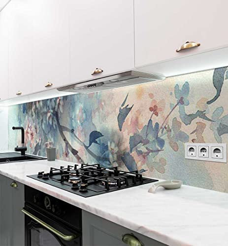 MyMaxxi Küchenrückwand Folie selbstklebend matt - einfache Montage ohne Bohren 0,4mm stark Versteift - Motiv Graffiti blühender Baum blau 60cm hoch - Spritzschutz Küche Klebefolie ? Blume 340 x 60cm