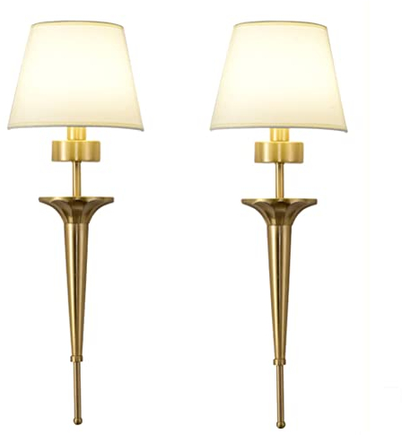 2-Set E14 Messing Wandleuchte mit Stoffschirm Wandlampe Klassisch Nachttischlampe Treppen Flurlampe Amerikanische Wandbeleuchtung Innen lampen für Schlafzimmer Wohnzimmer Hotel Flur Treppenhaus Cafés