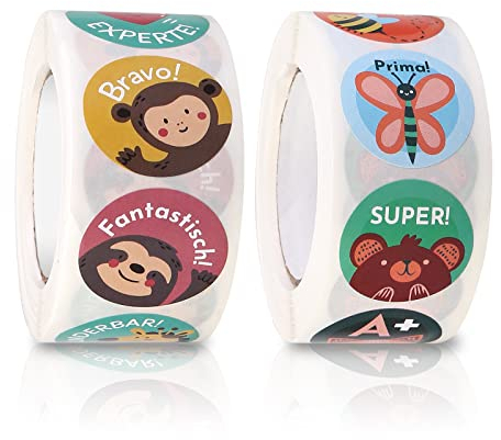 Vegena Motivationsaufkleber für Kinder, 1000 Stück Selbstklebende Tier Belohnungsaufkleber Lehrer Belohnungssticker Lob Belobigung Sticker für Schule Lehrerbedarf… (A)
