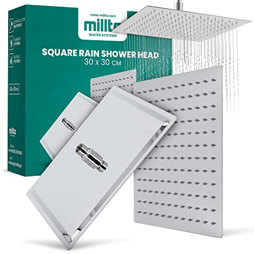 Millto™ Quadratische Edelstahl Duschkopf Regendusche 30x30 cm XXL | Regenduschkopf Gross 12 Zoll Brausekopf Dusche Armaturen Anti-Kalk Eckig | Kopfbrause Chrom Ultradünn Wassersparender Duscharmatur