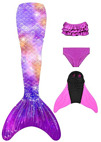 NAITOKE meerjungfrauenflosse mädchen Badeanzug - Meerjungfrau Flosse Bademode mit Bikini Set und Monoflosse Mermaid Tail, 4 Stück Set, XQSAS,110