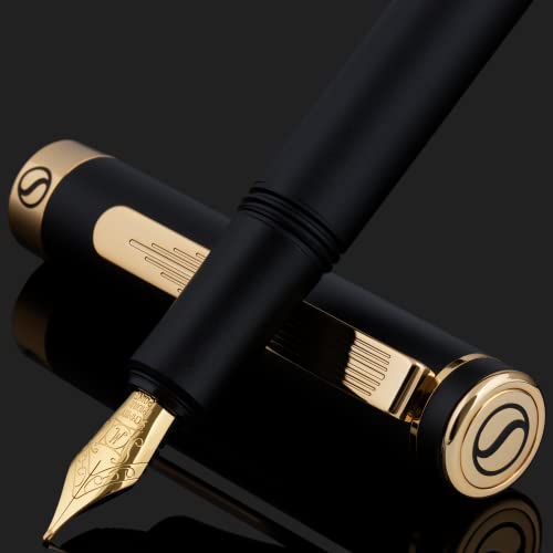 Scriveiner Luxus-EDC Füllfederhalter (Mittel), schwarzer Taschenfüller, Echtvergoldung, Schmidt Feder vergoldet, Konverter, bestes Schreibgeräte-Geschenkset für Mann & Frau, schöner Designer-Stift
