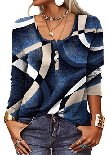 GRMLRPT T-Shirt col V Blouses à Manches Longues pour Femmes Imprimé Tunique Tops Lâche Chemisier T-Shirts pour Femmes Sweat-Shirt Tuniques Basiques Haut Automne(Bleu,XXL)