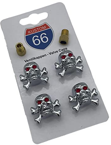 4er Set Ventilkappen + 2 Fahrradadapter - Totenkopf chromstyle mit Knochen - für jedes Auto, Motorrad und Fahrrad geeignet