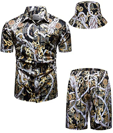 fohemr Herren barock 2-Teiliges Outfit Golden Chain Muster Schwarz Hemd shorts mit Eimerhut Freizeitanzug Sommer Urlaub Strand set Medium