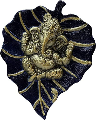 Craft Trade Wanddekoration Kupfer Metall Lord Ganesh Ganpati auf einem Paan Patta-Blatt Idol Vastu Artikel Glücklich Wandbehang Statue für Dekor Zuhause Wohnzimmer und Schlafzimmer- Marineblau