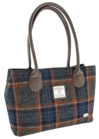 GLEN APPIN OF SCOTLAND Harris Tweed Handtasche – LB1003 – Cassley, Col 127 Grau mit Rost Karo, 25cm x 38cm x 11cm