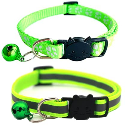 Hepplly 2-Pack Katzenhalsbänder Quick Release Reflective Kitten Halsband mit Glocke (Fluoreszierendes Grün)