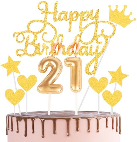HONGCI Happy 21st Birthday Cake Topper & Birthday Candles Gold Number 21 Candles for Birthday Cake - 21st Birthday Candles Cake Cupcake Topper Birthday Cake Decorations for Boys Girls Birthday Gold