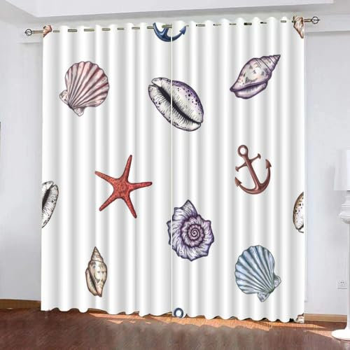 LUDSOL Rideaux Coquille De Conque Occultants Chambre 3D étoile De Mer Ancre Imprimé Rideau À Oeillets Opaques Thermique Isolant Rideaux pour Fille Garcon Salon Chambre 140x180cm 2 Pièces