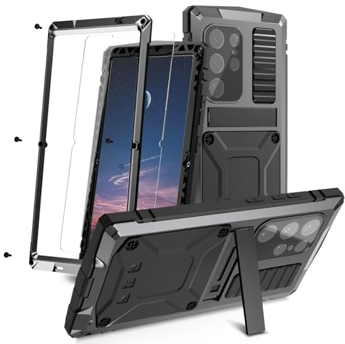 MIYIYQP Kompatibel mit Samsung Galaxy S24 Ultra 5G Metall hülle, Powerful Hybrid Schutz stoßfest wasserdicht Fall Schutzhülle,mit Eingebautem Gehärtetem Glas Displayschutzfolie (Schwarz)