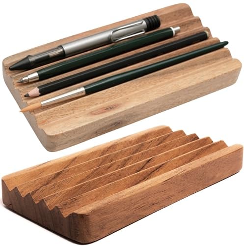 Plogis 2 Stück Stiftablage Holz aus Akazie - 2er Set 18x9cm Handgemachte Stiftschale Schreibtisch/Ablage für Stifte & Pinsel Holz/Pinselhalter Pinselablage & Federschale Stiftablage Schreibtisch