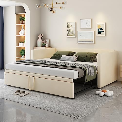 Zravenna Tagesbett 90/180x200 cm Ausziehbares Bett mit Lattenrost, Ausziehbett Gleiche Höhe, Polsterbett Samtstoff, Bett Ausziehbar zum Doppelbett, Schlafsofa für Kinderzimmer Erwachsene Gäste (Beige)