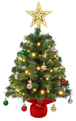 AGM 60 cm Tisch Weihnachtsbaum Klein mit 50 LEDs Lichterketten Deko 28 bunten Weihnachtsdekoration Kugeln, 24inch Künstlicher Christbäume, 1 fünfzackiger Stern Oben, Base von Rote Baumwolle(1 Stück)