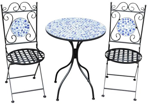 BrackenStyle Metal Mosaic Folding Bistro Garden Set - 60cm Round Table and 2 Foldable Chairs Outdoor/Indoor Patio Seating (Blue & White, 3 Piece)
