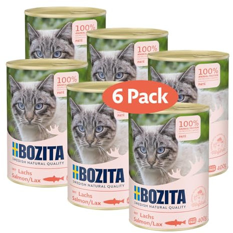 Bozita Paté Lachs Getreidefrei – 6x400g Nassfutter für Katzen & Kitten. Alleinfutter mit 9,5 % Protein & 5 % Fett aus hochwertigen, natürlichen Zutaten ohne Getreide - aus Schweden