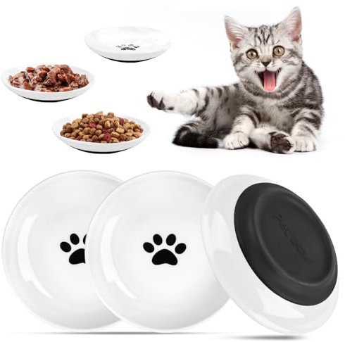 Set of 3 Ceramic Cat Bowls with Non-Slip Rubber Base, Anti Whisker Fatigue Cat Harness Set, Flat Wide Food and Water Bowl for Kittens, for Cats and Small Animals