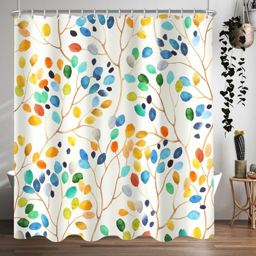 Lerores Duschvorhang 240x200cm Bunter Baum, Beschwerter Saum Antischimmel Textil, Wasserabweisend, Waschbar Polyester Stoff Badevorhänge für Badezimmer, Badewanne mit 16 Duschvorhangringe