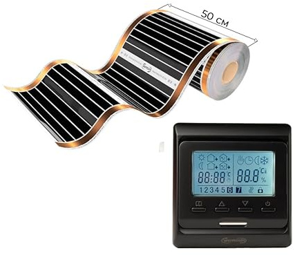 Warmcoin™ Infrarot Heizfolie, elektrische Fußbodenheizung, 50 cm, Set, 220 W/qm mit und ohne Thermostat (W51 Schwarz thermostat, 10 lm = 5m²)