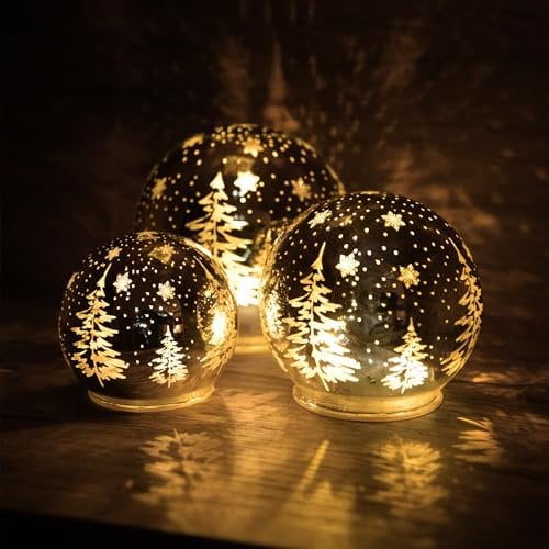 LED Deko Kugel Winterlandschaft im 3er Set - Ø 10 bis 15 cm - Weihnachts Tischdekoration warm weiß beleuchtet - Tisch Fenster Dekoration Schnee Winter Wald Batterie betrieben