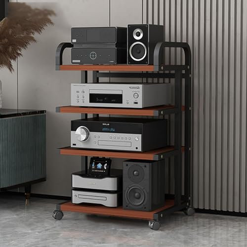 Generisch Audio-Rack, Medienregal, Gaming-Regal, DVD-Ständer, AV-Medienständer, Eckregal, Stereo-Audio-Rack, Ständerturm, modern mit Rädern, Audio-Video-Medienständer (Walnuss, 50 x 40 x 85,5 cm)