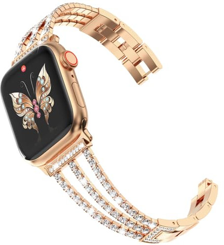 CHANCHY 42mm(series 10) 41mm 40mm 38mm Kompatibel mit Apple Watch Armband Damen,Glücks Vierblatt Diamant Edelstahl Armband Ersatzarmbänder für iWatch Series 10/9/8/7/6/5/4/3/2/1/SE, Roségold