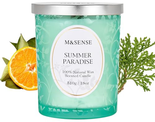 M&SENSE Sommerparadies Duftkerze mit knisterndem Holzdocht 510g Natürliche Sojakerzen mit 100 Std langsam Verbrennung Holzdochtkerze für Yoga Zuhauseduft Spa