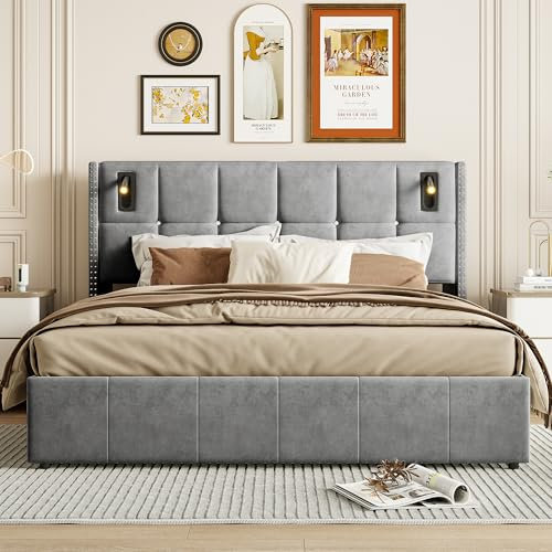 BPKADHY Polsterbett, 140 x 200 cm, mit LED, Bettkasten mit USB und Typ-C, Doppelbett mit Stauraum, Grau, 140 x 200 cm, gepolstert, aus Velours