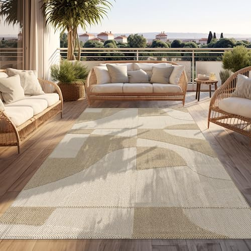 Paco Home Outdoor Rug Weatherproof Balcony Living Room Boho Design Geometric Pattern Abstract 3D Effect Modern Deco Beige Cream, Size:200x280 cm