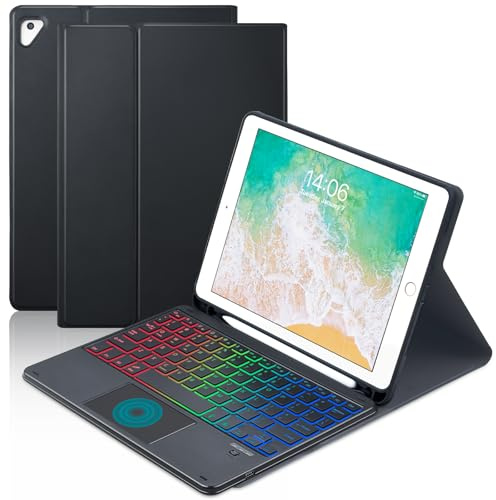 MePadKey Custodia con tastiera touchpad per iPad 6a 2018/5a generazione 2017 9,7 pollici, retroilluminazione a 7 colori, tastiera di ricarica di tipo C con portamatite, adatta per iPad Air 2/Pro 9.7