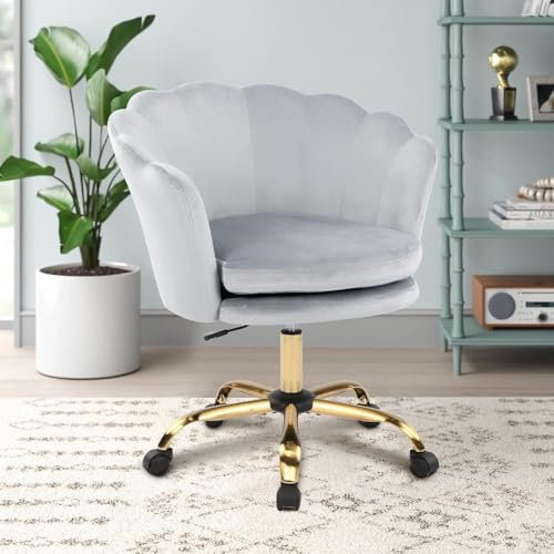 WOLMICS Bürostuhl Ergonomisch,Schreibtischstuhl aus Samt für Homeoffice, Höhenverstellbarer Drehstuhl mit Einer Belastbarkeit von 150 kgt,Schminktischstuhl fürSchlafzimmer/Büro,Hellgrau+Gold