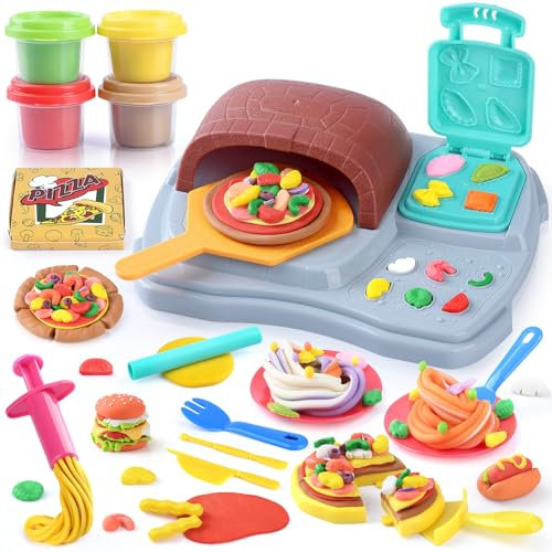 PLAY Pizza Juego de Plastilina para Niños, Pizza Juguete Plastilina con Cubiertos, Máquina para Hacer Pasta y 4 frascos de Plastilina, Pizza Plastilina Accesorios Plastelina para Niños 3+ Años
