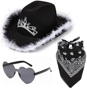 Cowboy Hut Pink | Rosa Cowboy Hut Damen | Flauschige Federkrempe Cowboyhüte mit Strass | Westen Cowboyhut mit Herz Brille und Bandana für Herren Damen Halloween Karneval Cosplay Kostümparty