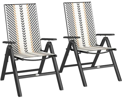 Outsunny Rattan Folding Chair Outdoor Set of 2, 5-Position Adjustable Wicker Garden Dining Chair with High Backrest, Wide Armrest, for Patio, Terrace, Balcony, Black