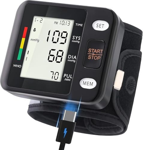 Blood Pressure Monitor - Wrist Accurate Automatic High Blood Pressure Monitors Portable Backlit LCD Screen with Storage Case and Adjustable Cuff Powered by Battery or USB C Charging- Black