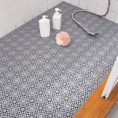 Non-Slip Interlocking Bathroom Floor Tiles, 30x30cm Drainage Balcony Mat for Shower, Kitchen & Swimming Pool - Grey (14 Pack)