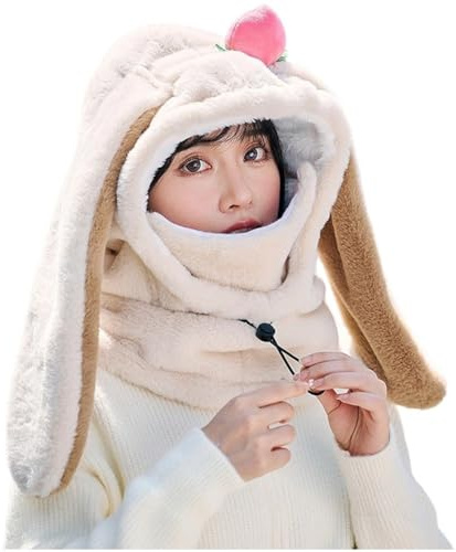 Vobumix Ski Helmet Cover, Hood Windproof Full Face Cover Cap Cute Bunny Hood Ski Mask Winter Warm Outdoor Hooded Sports Windproof Mask